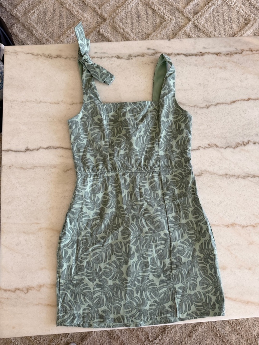 Trixxi Sage Green Leaf-Print Tie-Shoulder Mini Dress